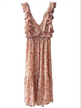 ASTR the Label Smocked Ruffled Midi Dress in Orange Floral Print Size M